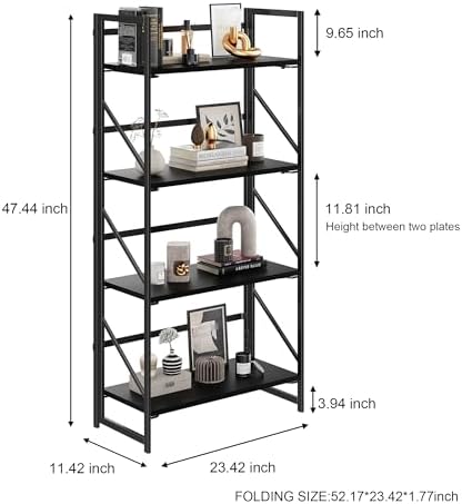 JSB No Assembly Folding Bookshelf, 4 Tier Industrial Metal Book Shelf - Image 3