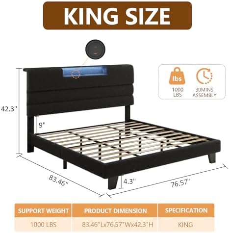 King Bed Frame with Charging, LED Boucle Platform Bed, Dark Grey - Image 2