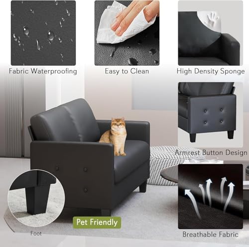 59” Black Faux Leather Loveseat, 2 Seater Couch - Image 4