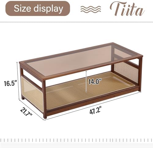 Tiita Large Bamboo Rectangle Coffee Table, Glass Top, Rattan Storage - Image 3