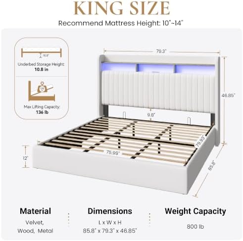 SHA CERLIN King Size LED Lift Up Storage Bed Frame Charging Station - Image 2