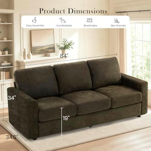 84" Chenille 3-Seat Sofa w/Comfortable Back Cushions - Image 2