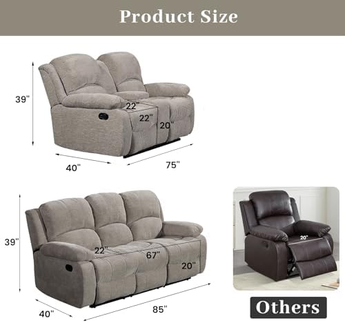 Betsy Furniture Soft Fabric Reclining Sofa Set, Drop Down Table, Cupholder - Image 2