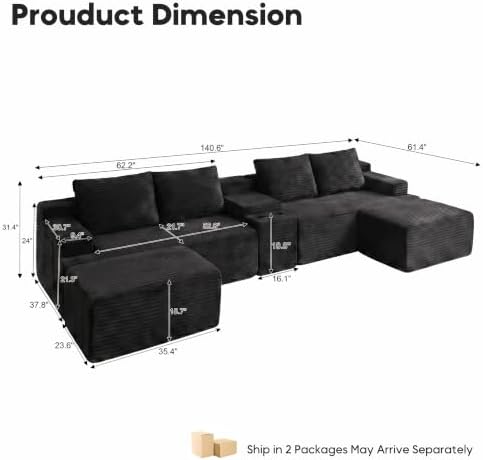 140" U-Shape Corduroy Boneless Couch, Modular Sectional Sofa Black - Image 2
