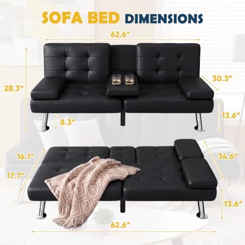 Furmax Faux Leather Futon Sofa Bed, Modern Convertible Couch - Image 3