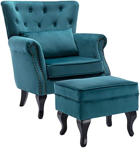 Mid Century Accent Chair with Ottoman Modern Button Tufted Armchair Wingback by DMFurniture
