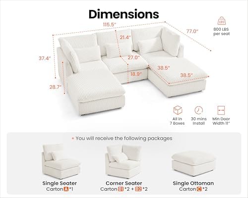 115" Oversize Corduroy Modular Sectional Sofa Couches - Image 2