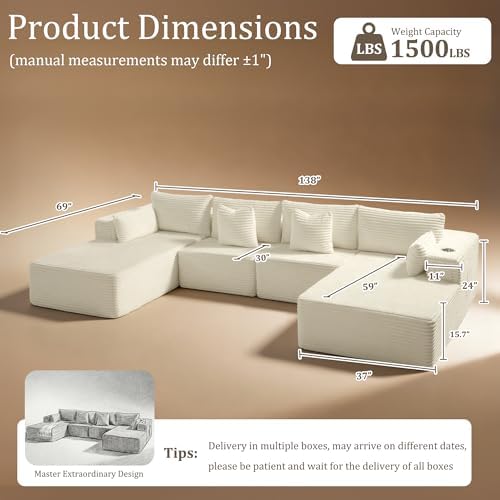138" Cloud Sectional Couch, Comfort U Shaped Sofa - Image 2