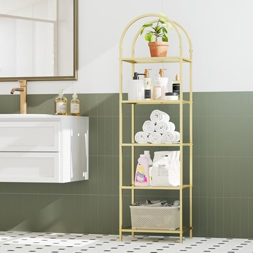 Homhedy 5-Tier Tall Gold Bookshelf, Arched Bookcase - Image 7