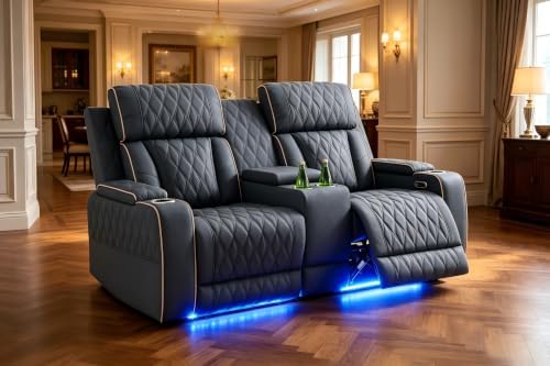 Power Recliner Set with LED Lights, Air Leather Reclining Set with USB by COSYMOORFURNITURE