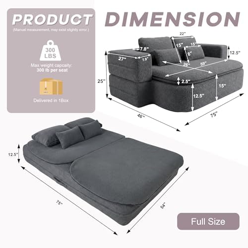 75'' Folding Sofa Bed, Convertible Memory Foam Boneless Couch - Image 2
