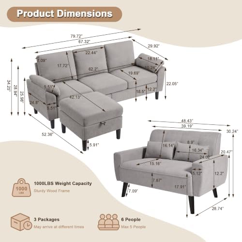 3 Pieces Sofa Set, L Shaped Sectional Couch and Loveseat Set - Image 2