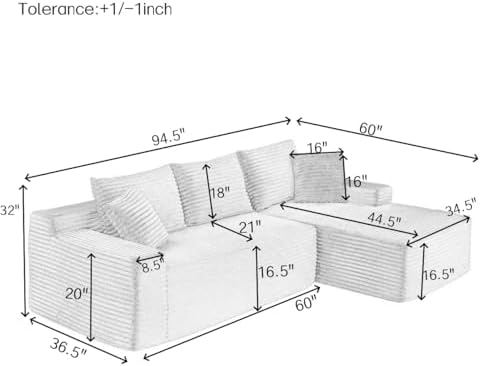 95" L-Shaped Cloud Sectional Couch, Right Facing Modular Compressed Boneless - Image 2