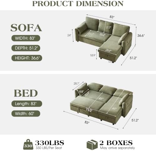 83" L Shaped Sleeper Sofa Bed, Pull Out Sectional Couches - Image 2