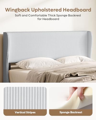 Bestier Queen Bed Frame with Wingback Headboard, Upholstered, Light Grey - Image 4