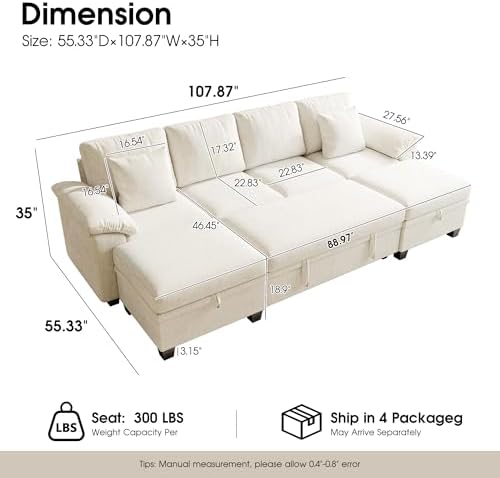 Modular Sectional Sleeper Sofa Bed, 107.8" U Shaped 6 Seat Pull Out Couch - Image 2
