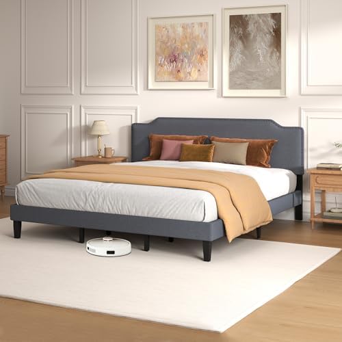 King Size Bed Frame with Upholstered Headboard, Platform Bed with Soft Linen - Image 7