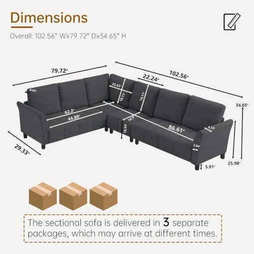 102" L Shaped Couch, 6 Seater Sectional Sofa - Image 2