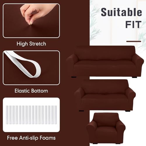 Peryiter 3 Pcs Couch and Loveseat Sofa Covers, Coffee Brown, Milk Silk - Image 5