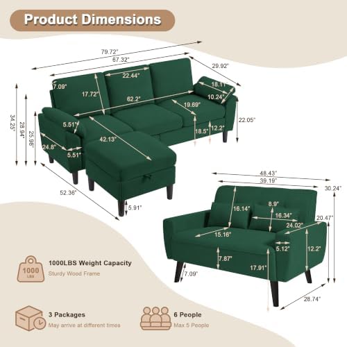 3 Pieces Sofa Set, L Shaped Sectional Couch and Loveseat Set - Image 2