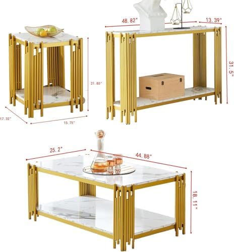 White Marble Coffee Table Set of 3, Faux Marble Coffee Tables, Console Table - Image 3