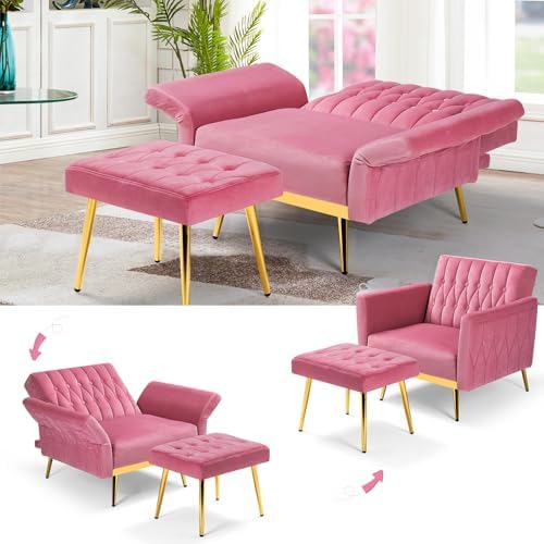 Velvet Accent Chair w/Ottoman & Adjustable Backrest - Image 4
