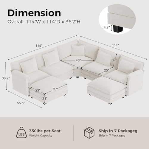 ELUCHANG 114" Oversized Modular Sectional Sofa, Comfy Chenille Cloud Couch - Image 2