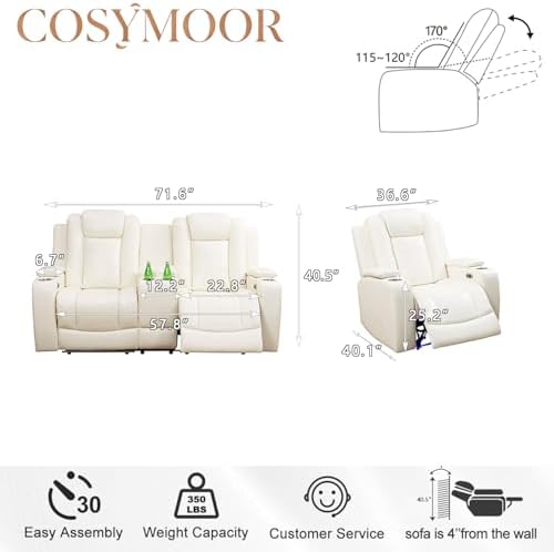 Power Reclining Loveseat with LED Light, Leather Reclining Sectional Loveseat - Image 2