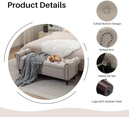 SOFTHION 58.1" Storage Bench for Bedroom, Linen Upholstered, Light Brown - Image 4