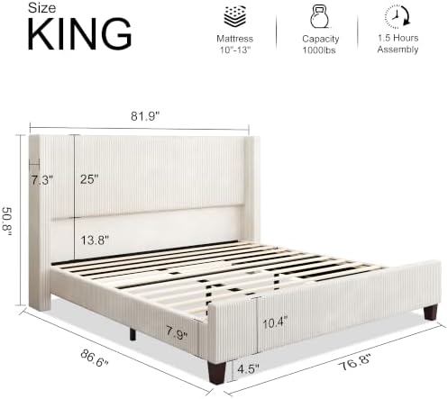 HOWE King Size Bed Frame with 50.8 Inch Corduroy Wingback Headboard - Image 2