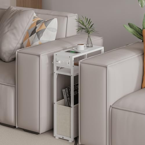Leomonio White Side Table with Charging Station, Slim End Tables with Linen - Image 5
