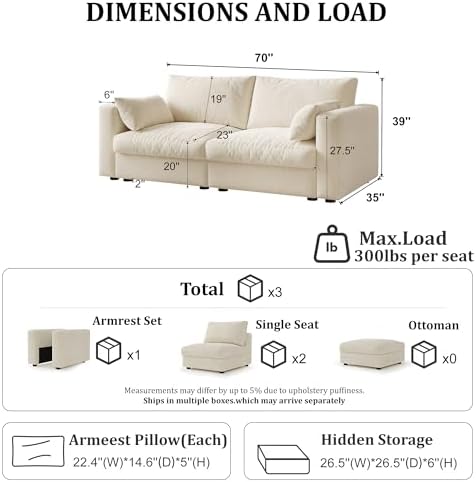 70" Cloud Modular Sectional Lovesaet Sofa, 2 Seater I-Shaped Chenille Couch - Image 2