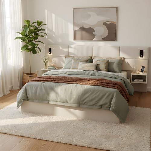 King Size Bed Frame with LED Lights and Floating Shelves, Modern Chenille - Image 6