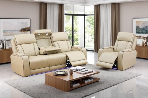 Power Reclining Sofa Set with LED Light, Khaki Leather Sectional Sofa and Chair by COSYMOORFURNITURE