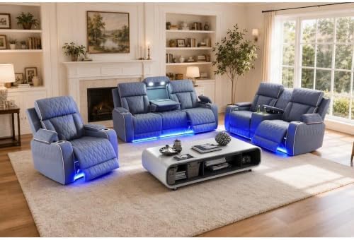 Power Recliner Set with LED Lights, Quilted Air Leather Reclining Set with USB - Image 3