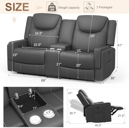 Dresegmt Loveseat Recliner Sofa, Cup Holders, Storage & USB Ports, Ergonomics， - Image 2