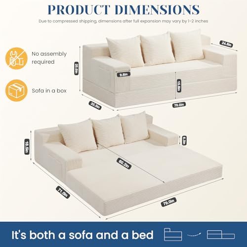 79" Convertible Sofa Bed, 2-in-1 Oversized Boneless Couch - Image 3