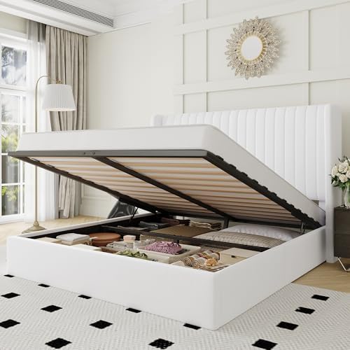Allewie Full Size Lift Up Storage Bed Frame Channel Tufted Headboard White by Allewie