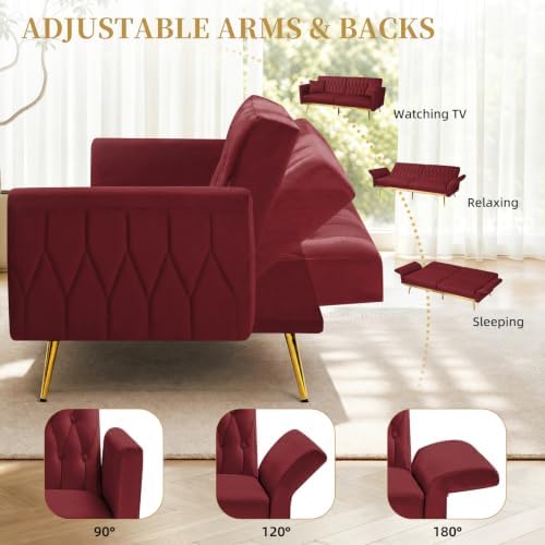 70” Velvet Futon Sofa Bed w/Adjustable Armrests - Image 3