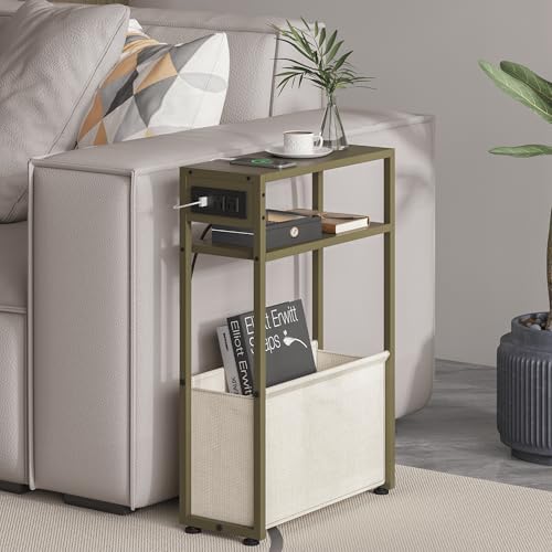 Leomonio Green Side Table with Charging Station, Slim End Tables with Linen by Leomonio