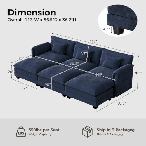 ELUCHANG 113" Oversized Modular Sectional Sofa, Comfy Chenille Cloud Couch - Image 2