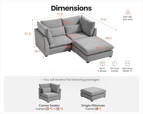 77" Oversized Chenille Modular Sectional Sofa Couches - Image 2
