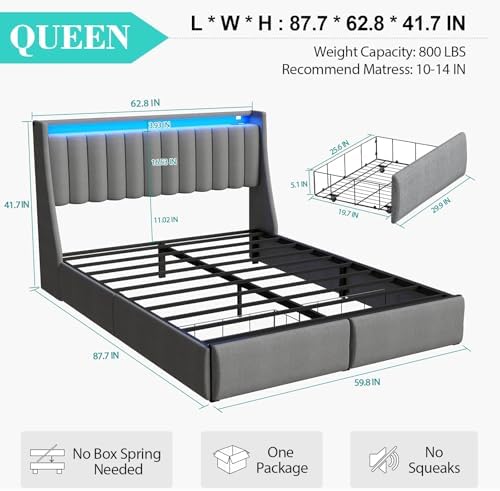 Queen Size Bed Frame with Upholstered Storage Headboard and 2 Drawers - Image 2