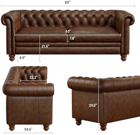 ONBRILL 80" Genuine Leather Sofa, Full-Grain Leather Chesterfield Sofa - Image 3