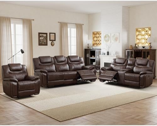 ANJ 3-Piece Manual Reclining Sofa Set, Premium Genuine Leather Reclining Sofas by ANJ