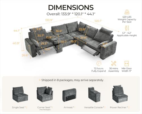 134" Modular Power Reclining Sectional 5 Seater L-Shaped Couch - Image 2
