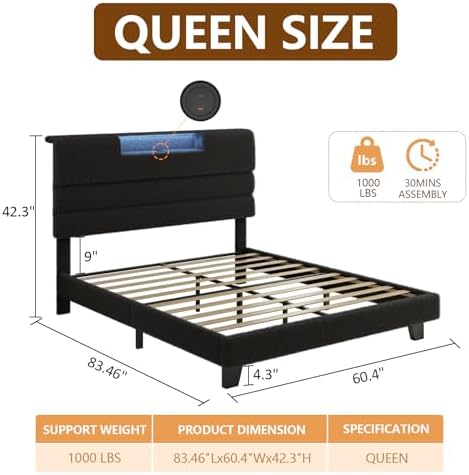 Queen Bed Frame with Charging, LED Boucle Platform Bed, Dark Grey - Image 2