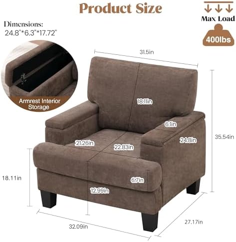 Accent Chairs Set of 2 with Storage Armrest, Fabric Modern Upholstered Reading - Image 2