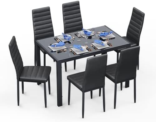 Gizoon Black 7 Piece Glass Dining Table Set, Kitchen Table - Image 2