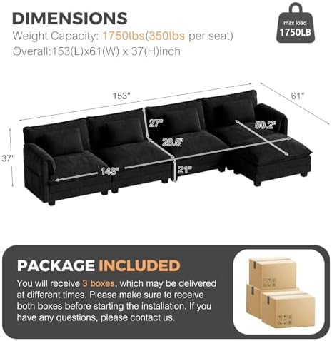 ELUCHANG 153" Oversized Modular Sectional Sofa, Comfy Chenille Cloud Couch - Image 2